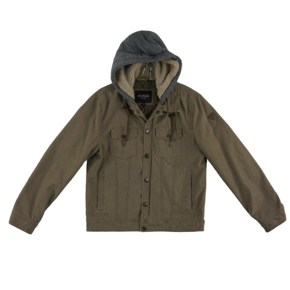 Guess Trucker Jacket‎ Men's Size Small Brown Canvas Sherpa Hood Quilted Coat